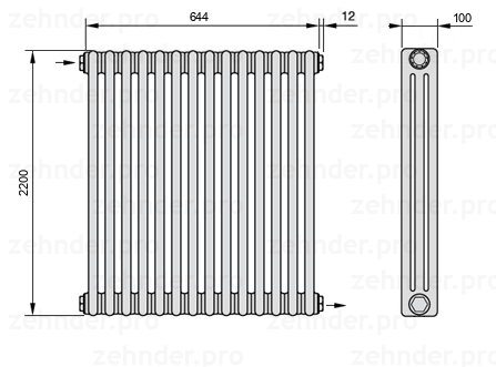 Схема (чертеж) Радиатор Zehnder Charleston 3220/14 №1670 Белый глянцевый RAL 9016